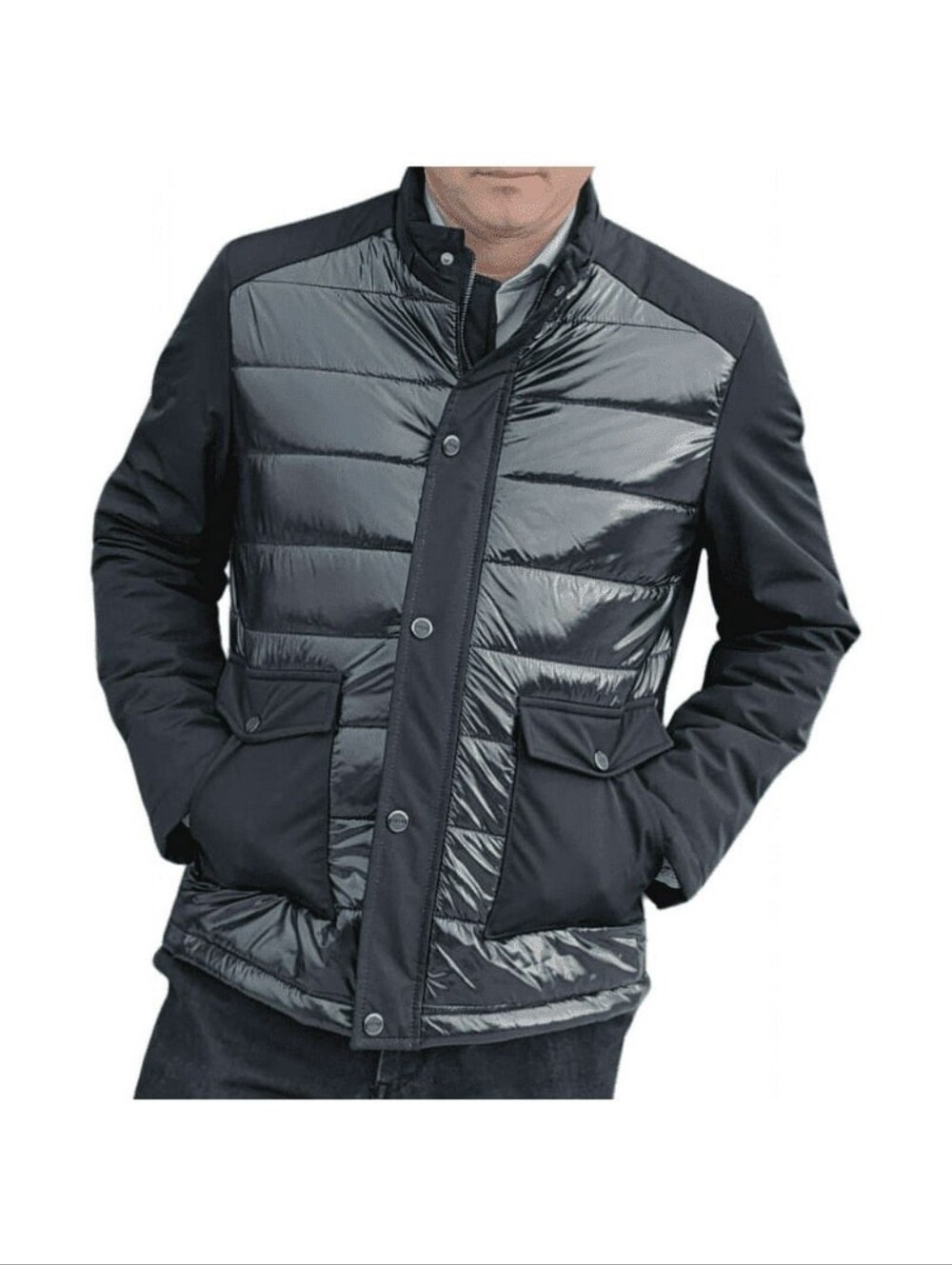 Men's Black Quilted Hybrid Jacket with Stand Collar Size L - fits like M